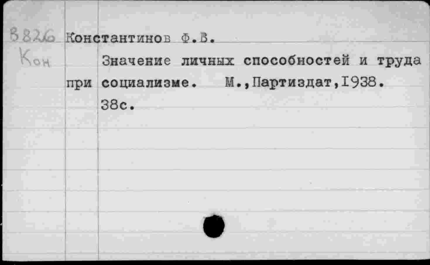 ﻿Константинов Ф.В.
Значение личных способностей и труда при социализме. М.,Партиздат,1938.
38с.